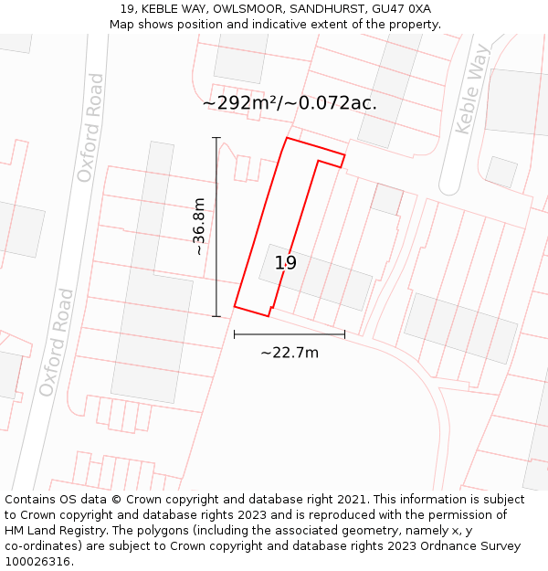 19, KEBLE WAY, OWLSMOOR, SANDHURST, GU47 0XA: Plot and title map