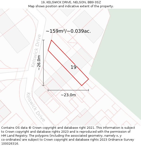 19, KELSWICK DRIVE, NELSON, BB9 0SZ: Plot and title map