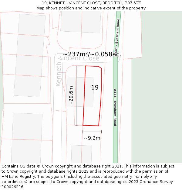 19, KENNETH VINCENT CLOSE, REDDITCH, B97 5TZ: Plot and title map