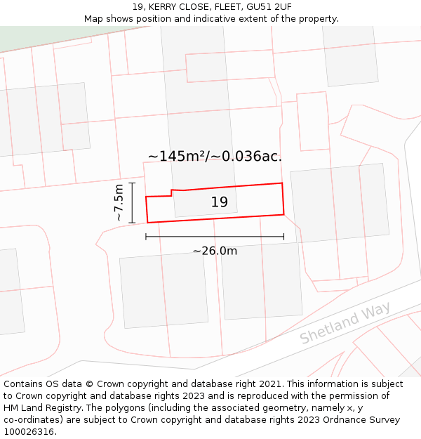 19, KERRY CLOSE, FLEET, GU51 2UF: Plot and title map