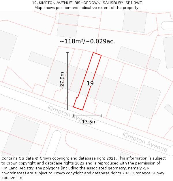 19, KIMPTON AVENUE, BISHOPDOWN, SALISBURY, SP1 3WZ: Plot and title map
