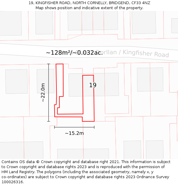 19, KINGFISHER ROAD, NORTH CORNELLY, BRIDGEND, CF33 4NZ: Plot and title map