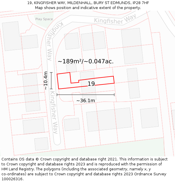 19, KINGFISHER WAY, MILDENHALL, BURY ST EDMUNDS, IP28 7HF: Plot and title map