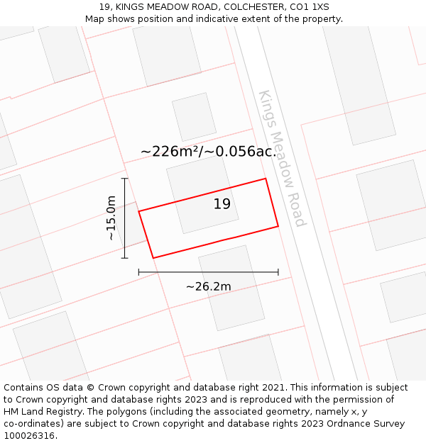19, KINGS MEADOW ROAD, COLCHESTER, CO1 1XS: Plot and title map