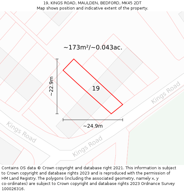 19, KINGS ROAD, MAULDEN, BEDFORD, MK45 2DT: Plot and title map