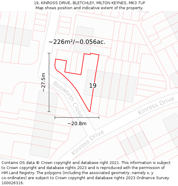 19, KINROSS DRIVE, BLETCHLEY, MILTON KEYNES, MK3 7UF: Plot and title map