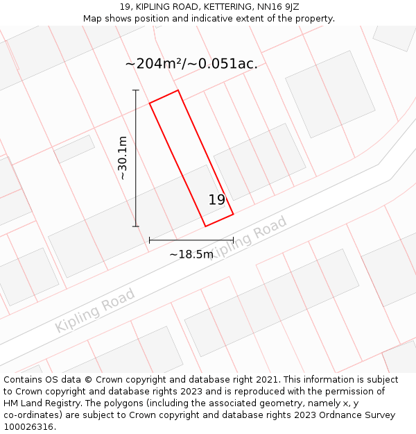 19, KIPLING ROAD, KETTERING, NN16 9JZ: Plot and title map