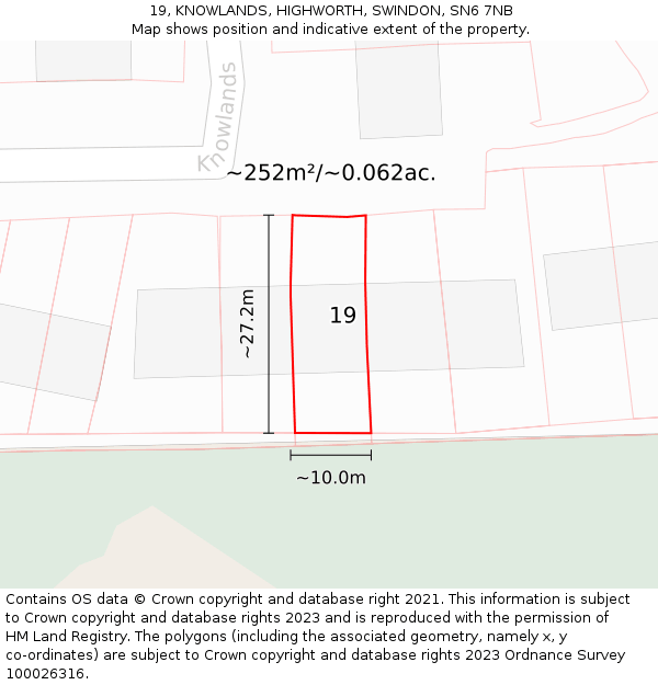 19, KNOWLANDS, HIGHWORTH, SWINDON, SN6 7NB: Plot and title map