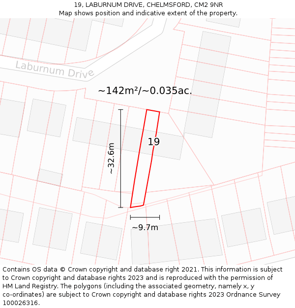 19, LABURNUM DRIVE, CHELMSFORD, CM2 9NR: Plot and title map
