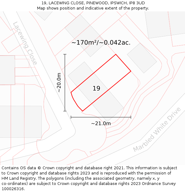 19, LACEWING CLOSE, PINEWOOD, IPSWICH, IP8 3UD: Plot and title map