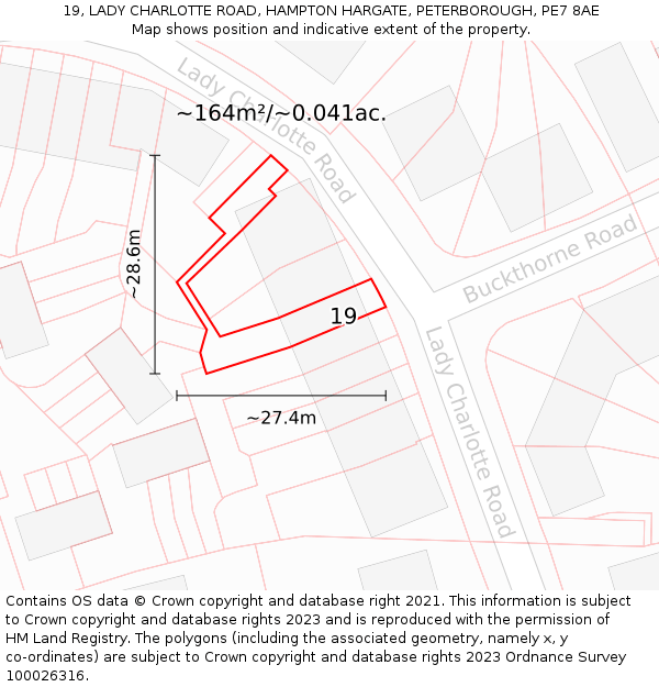 19, LADY CHARLOTTE ROAD, HAMPTON HARGATE, PETERBOROUGH, PE7 8AE: Plot and title map