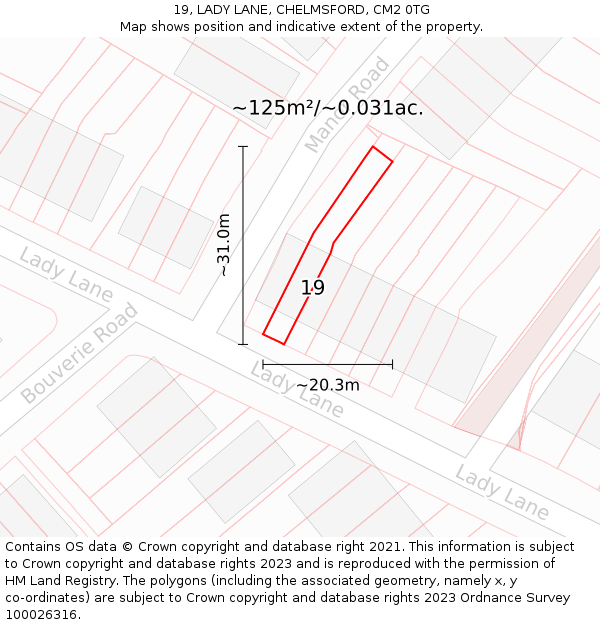 19, LADY LANE, CHELMSFORD, CM2 0TG: Plot and title map