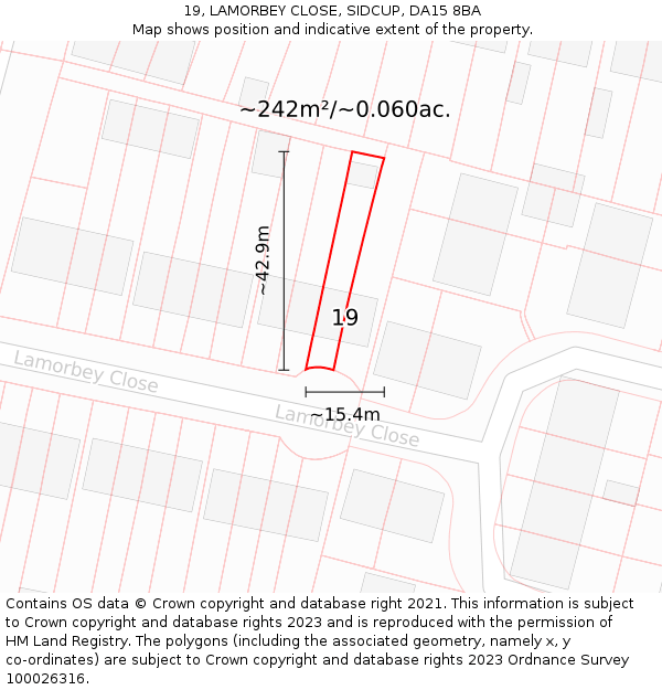 19, LAMORBEY CLOSE, SIDCUP, DA15 8BA: Plot and title map