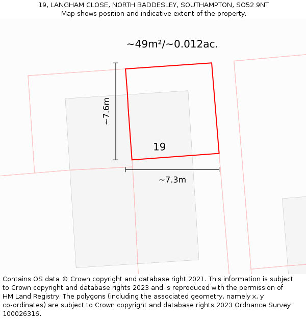 19, LANGHAM CLOSE, NORTH BADDESLEY, SOUTHAMPTON, SO52 9NT: Plot and title map