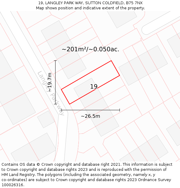 19, LANGLEY PARK WAY, SUTTON COLDFIELD, B75 7NX: Plot and title map