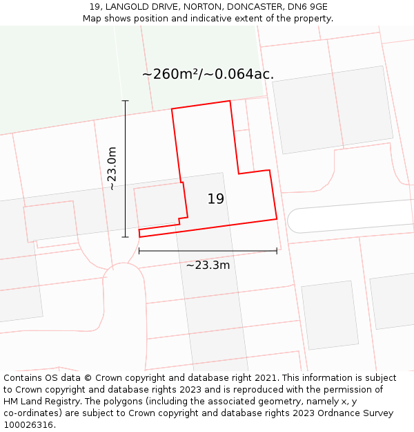 19, LANGOLD DRIVE, NORTON, DONCASTER, DN6 9GE: Plot and title map