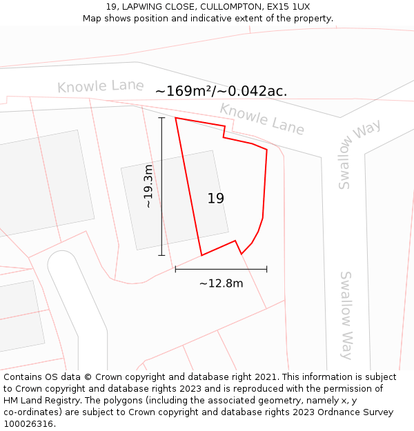 19, LAPWING CLOSE, CULLOMPTON, EX15 1UX: Plot and title map