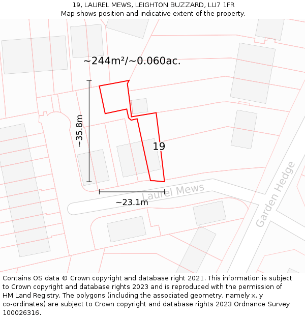 19, LAUREL MEWS, LEIGHTON BUZZARD, LU7 1FR: Plot and title map
