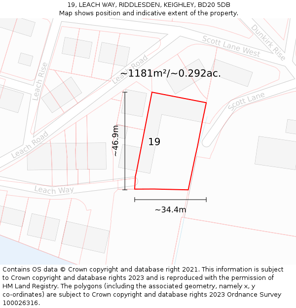 19, LEACH WAY, RIDDLESDEN, KEIGHLEY, BD20 5DB: Plot and title map
