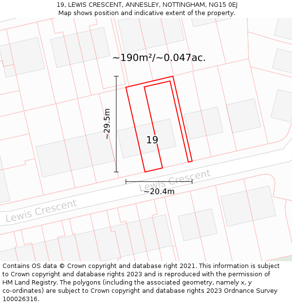 19, LEWIS CRESCENT, ANNESLEY, NOTTINGHAM, NG15 0EJ: Plot and title map