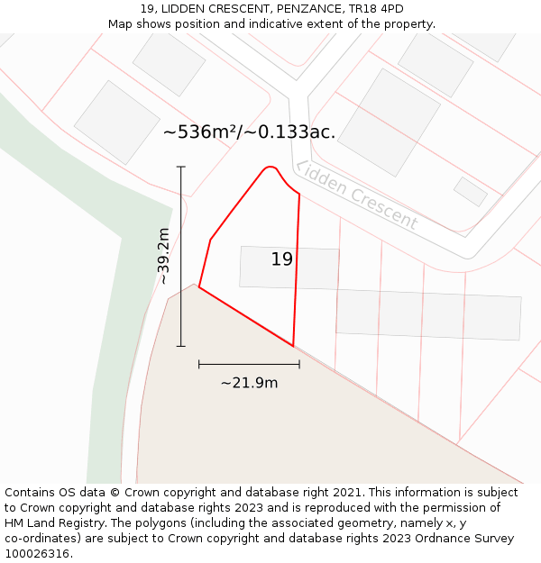 19, LIDDEN CRESCENT, PENZANCE, TR18 4PD: Plot and title map