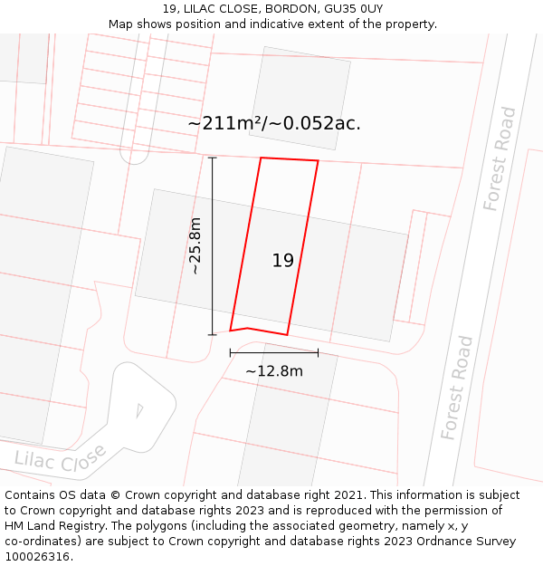 19, LILAC CLOSE, BORDON, GU35 0UY: Plot and title map
