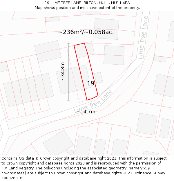 19, LIME TREE LANE, BILTON, HULL, HU11 4EA: Plot and title map