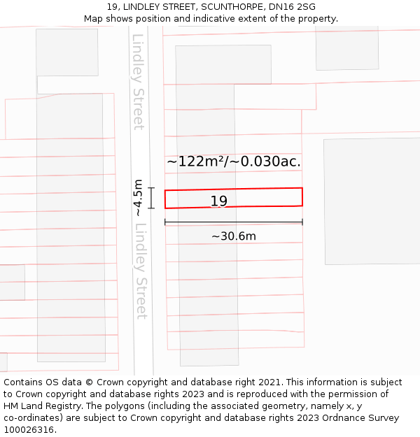 19, LINDLEY STREET, SCUNTHORPE, DN16 2SG: Plot and title map