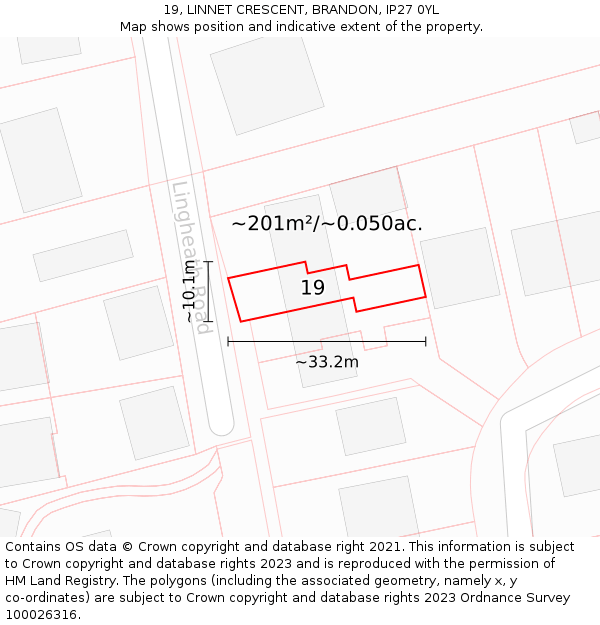 19, LINNET CRESCENT, BRANDON, IP27 0YL: Plot and title map