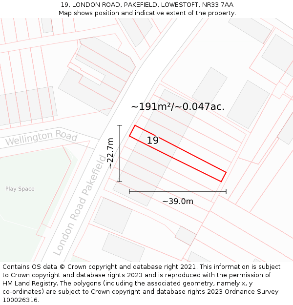 19, LONDON ROAD, PAKEFIELD, LOWESTOFT, NR33 7AA: Plot and title map