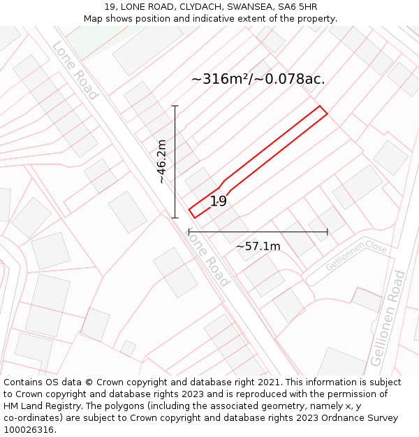 19, LONE ROAD, CLYDACH, SWANSEA, SA6 5HR: Plot and title map