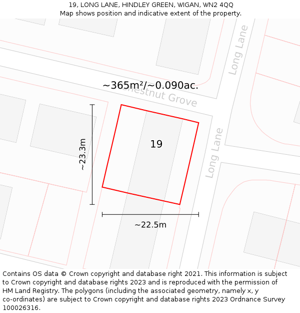 19, LONG LANE, HINDLEY GREEN, WIGAN, WN2 4QQ: Plot and title map