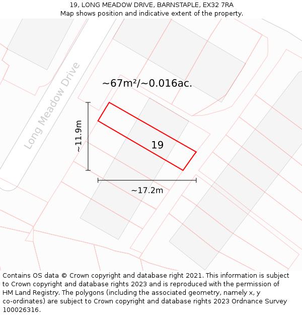 19, LONG MEADOW DRIVE, BARNSTAPLE, EX32 7RA: Plot and title map