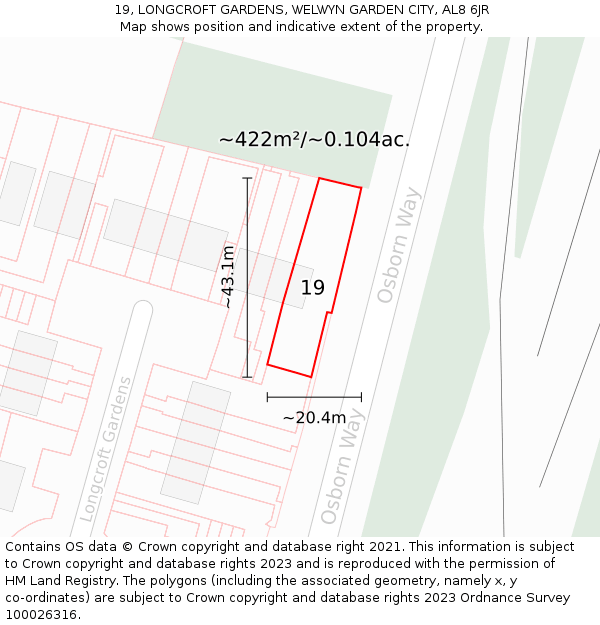 19, LONGCROFT GARDENS, WELWYN GARDEN CITY, AL8 6JR: Plot and title map
