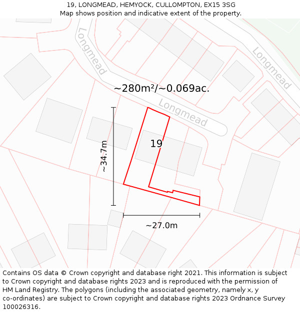 19, LONGMEAD, HEMYOCK, CULLOMPTON, EX15 3SG: Plot and title map
