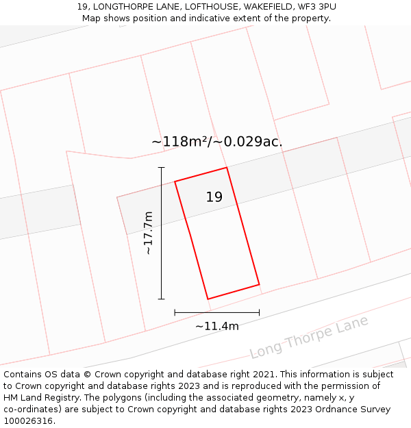 19, LONGTHORPE LANE, LOFTHOUSE, WAKEFIELD, WF3 3PU: Plot and title map