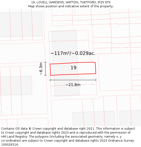 19, LOVELL GARDENS, WATTON, THETFORD, IP25 6TX: Plot and title map