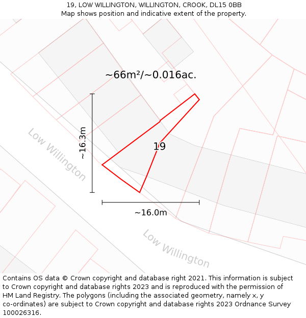 19, LOW WILLINGTON, WILLINGTON, CROOK, DL15 0BB: Plot and title map