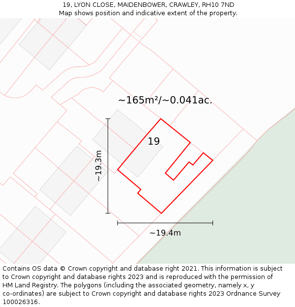 19, LYON CLOSE, MAIDENBOWER, CRAWLEY, RH10 7ND: Plot and title map