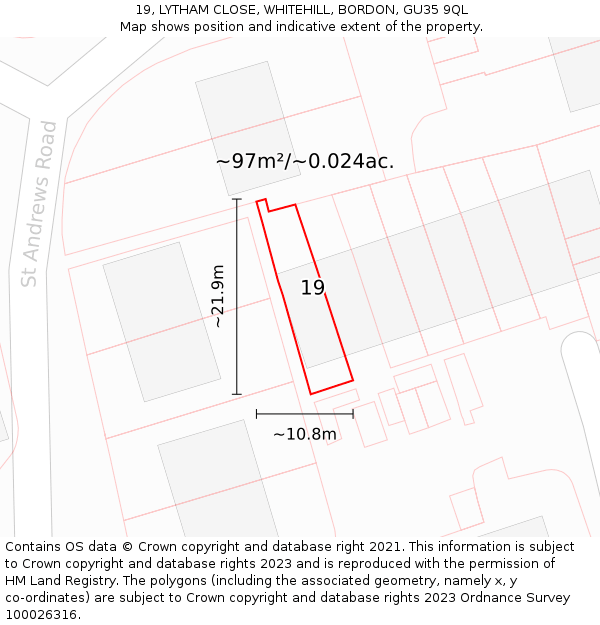 19, LYTHAM CLOSE, WHITEHILL, BORDON, GU35 9QL: Plot and title map