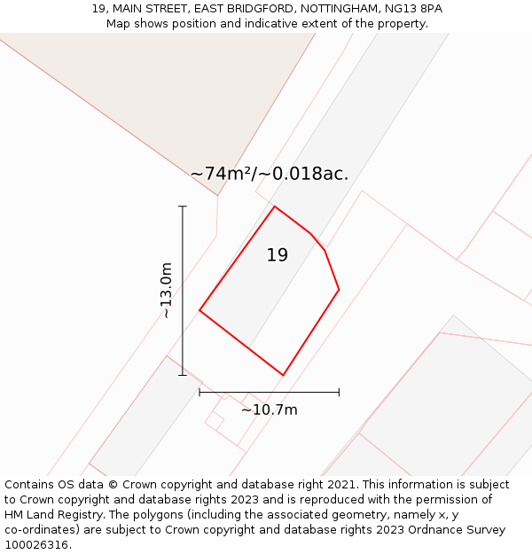 19, MAIN STREET, EAST BRIDGFORD, NOTTINGHAM, NG13 8PA: Plot and title map