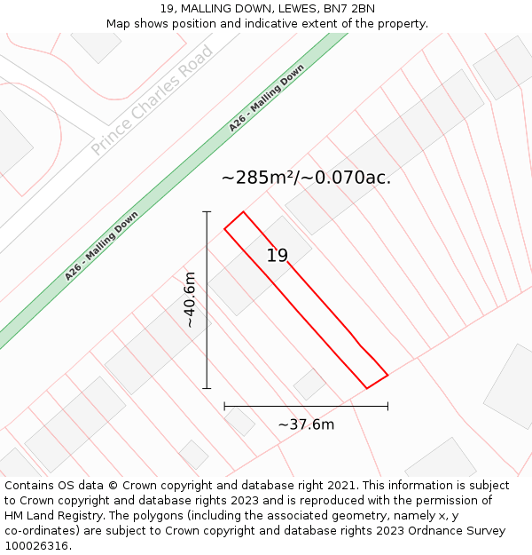 19, MALLING DOWN, LEWES, BN7 2BN: Plot and title map