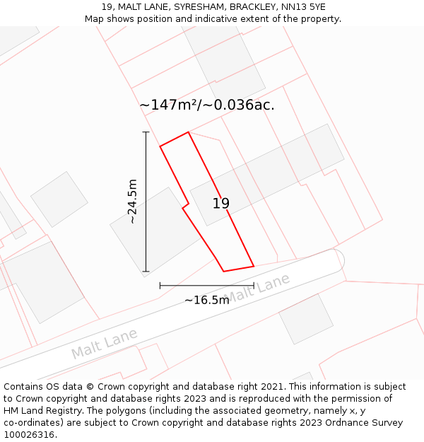 19, MALT LANE, SYRESHAM, BRACKLEY, NN13 5YE: Plot and title map