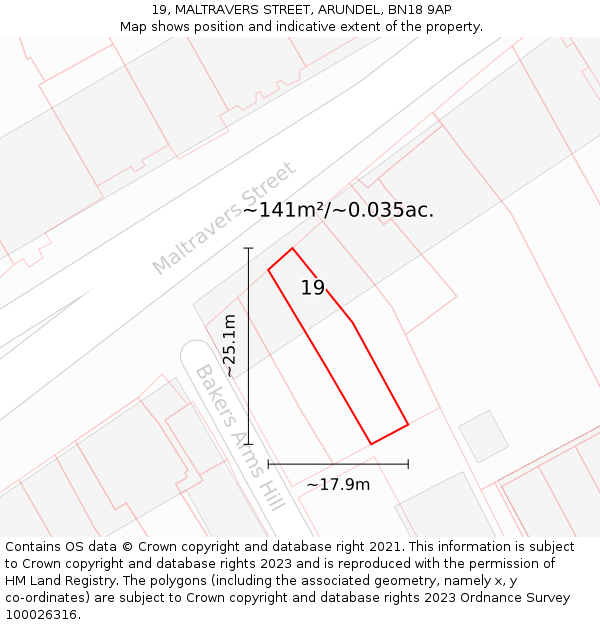 19, MALTRAVERS STREET, ARUNDEL, BN18 9AP: Plot and title map