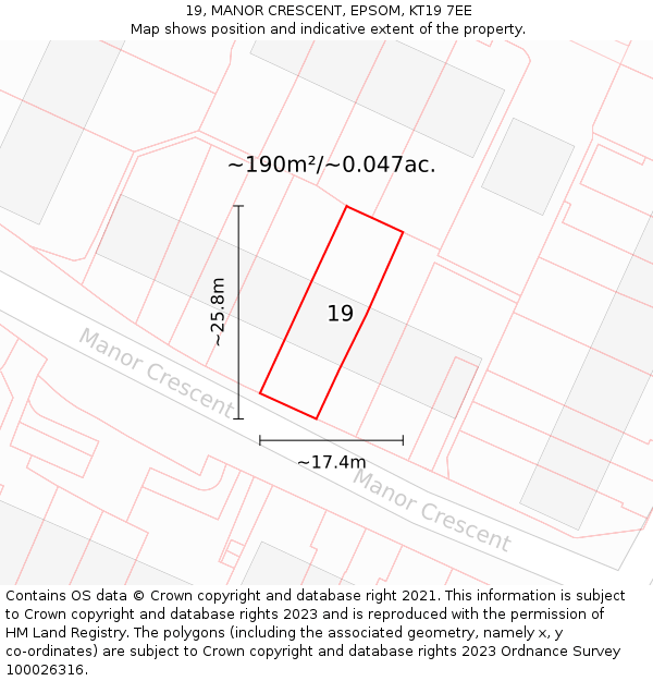 19, MANOR CRESCENT, EPSOM, KT19 7EE: Plot and title map