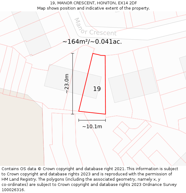 19, MANOR CRESCENT, HONITON, EX14 2DF: Plot and title map