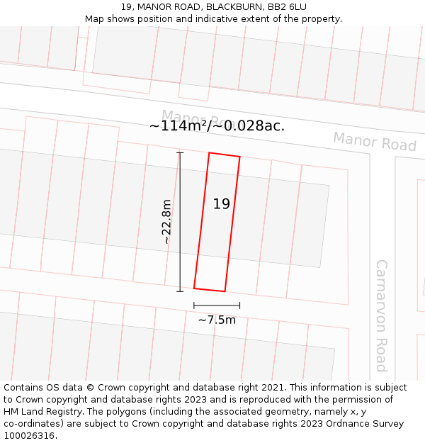 19, MANOR ROAD, BLACKBURN, BB2 6LU: Plot and title map