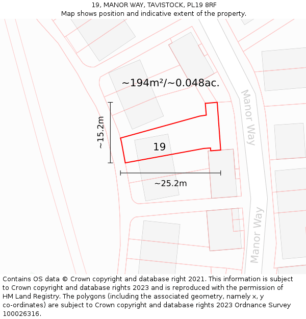 19, MANOR WAY, TAVISTOCK, PL19 8RF: Plot and title map