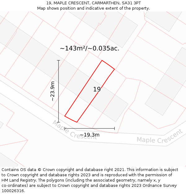 19, MAPLE CRESCENT, CARMARTHEN, SA31 3PT: Plot and title map