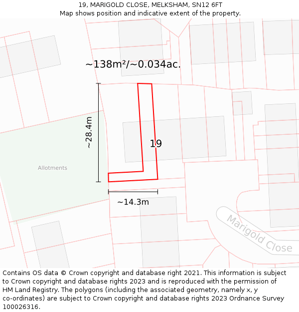 19, MARIGOLD CLOSE, MELKSHAM, SN12 6FT: Plot and title map